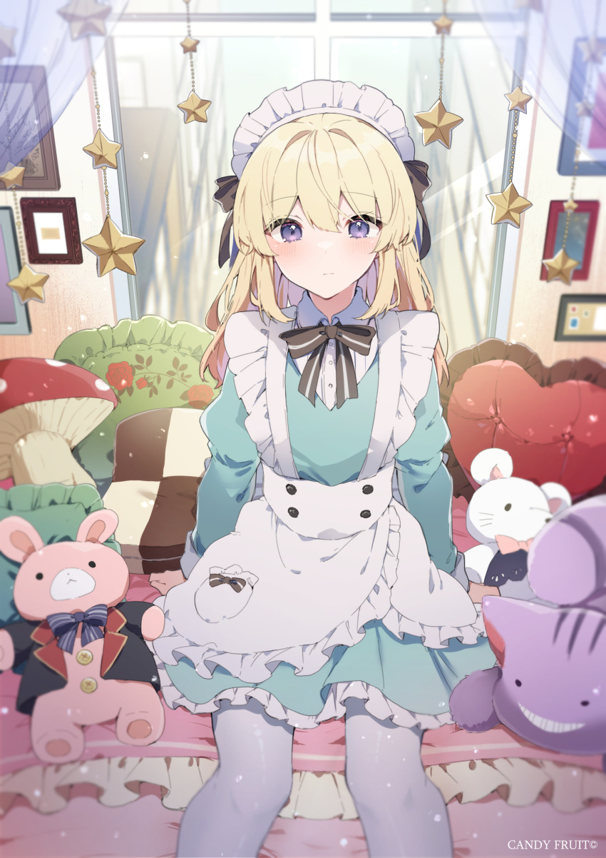 1girl absurdres apron black_bow black_ribbon blonde_hair blue_dress blush bow candyfruit_(brand) closed_mouth collared_shirt commentary_request curtains dress feet_out_of_frame frilled_apron frilled_pillow frills hair_between_eyes hair_bow hair_ribbon heart heart_pillow highres ikeuchi_tanuma indoors juliet_sleeves long_hair long_sleeves looking_at_viewer maid maid_headdress official_art pantyhose pillow puffy_sleeves purple_eyes ribbon shirt sitting solo star_(symbol) striped striped_bow stuffed_animal stuffed_cat stuffed_mouse stuffed_rabbit stuffed_toy transparent waist_apron white_apron white_pantyhose white_shirt window