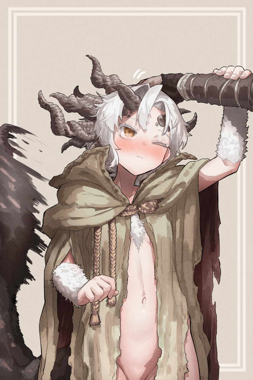 1girl absurdres blush bottomless breasts brown_eyes cape cloak colored_eyelashes ekrea_jan elden_ring genderswap genderswap_(mtf) headpat highres holding_another's_arm horns looking_at_another margit_the_fell_omen morgott_the_omen_king motion_blur motion_lines naked_cape navel one_eye_closed out-of-frame_censoring rope short_hair simple_background small_breasts tail tail_wagging torn_cloak torn_clothes upper_body white_fur white_hair yellow_cloak yellow_eyes