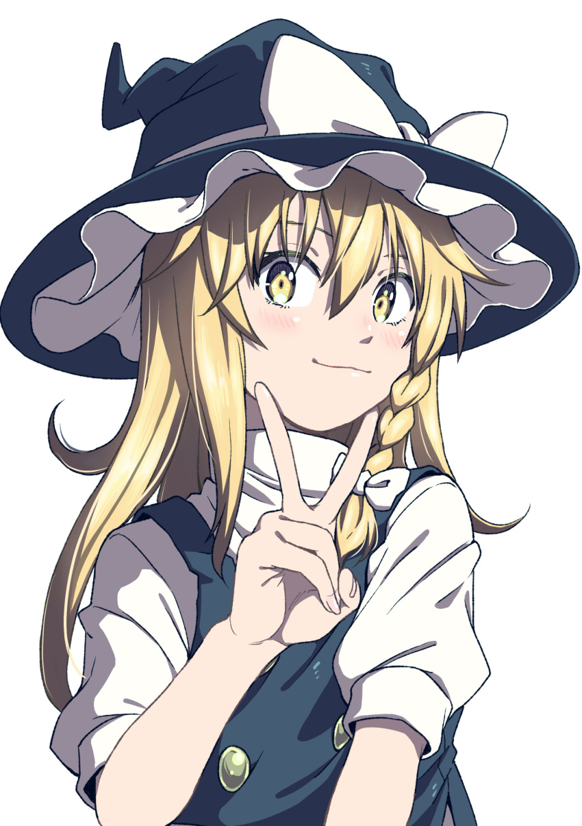 1girl black_headwear black_vest blonde_hair blush bow braid closed_mouth hair_between_eyes hair_bow hat hat_bow highres inuno_rakugaki kirisame_marisa long_hair shirt short_sleeves simple_background single_braid solo touhou upper_body v vest white_background white_bow white_shirt witch_hat yellow_eyes