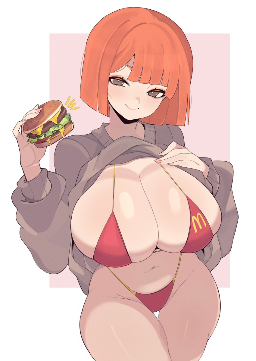1girl bikini breasts brown_eyes brown_sweater burger closed_mouth clothes_lift commentary curvy english_commentary food highres holding holding_food huge_breasts lifted_by_self mature_female mcdonald's micro_bikini mother_(yoru_mac) navel orange_hair smile solo stomach sweater sweater_lift swimsuit wide_hips yoru_mac yoshiikirablr