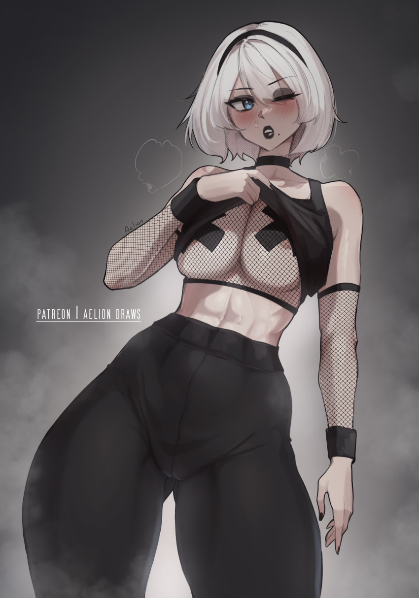 1girl abs aelion_draws alternate_costume artist_name ass_visible_through_thighs black_lips black_pants blue_eyes breasts cleavage clothes_lift contemporary cross_pasties english_commentary english_text gothic highres looking_at_viewer mole mole_under_mouth nier:automata nier_(series) nipple_slip nipples one_eye_closed pants parted_lips pasties patreon_username shirt_lift solo sweat thick_thighs thighs tight tight_pants yorha_no._2_type_b