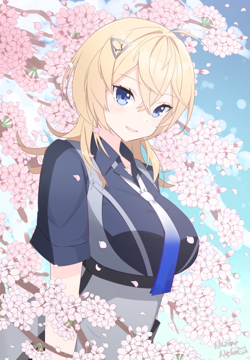 1girl blonde_hair blue_eyes blue_necktie breasts cherry_blossoms collared_shirt crossed_bangs gradient_necktie grey_necktie hair_between_eyes hair_ornament hairclip highres kantai_collection large_breasts long_hair nazono_neko necktie shirt short_hair short_sleeves solo tuscaloosa_(kancolle)