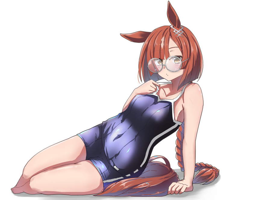 1girl absurdres animal_ears blue_one-piece_swimsuit bob_cut braid breasts competition_school_swimsuit ear_ornament glasses highres horse_ears horse_girl horse_tail ikuno_dictus_(umamusume) kamisu_yu long_hair lying medium_breasts on_side one-piece_swimsuit orange_hair round_eyewear school_swimsuit simple_background single_braid solo swimsuit tail tracen_swimsuit umamusume white_background yellow_eyes