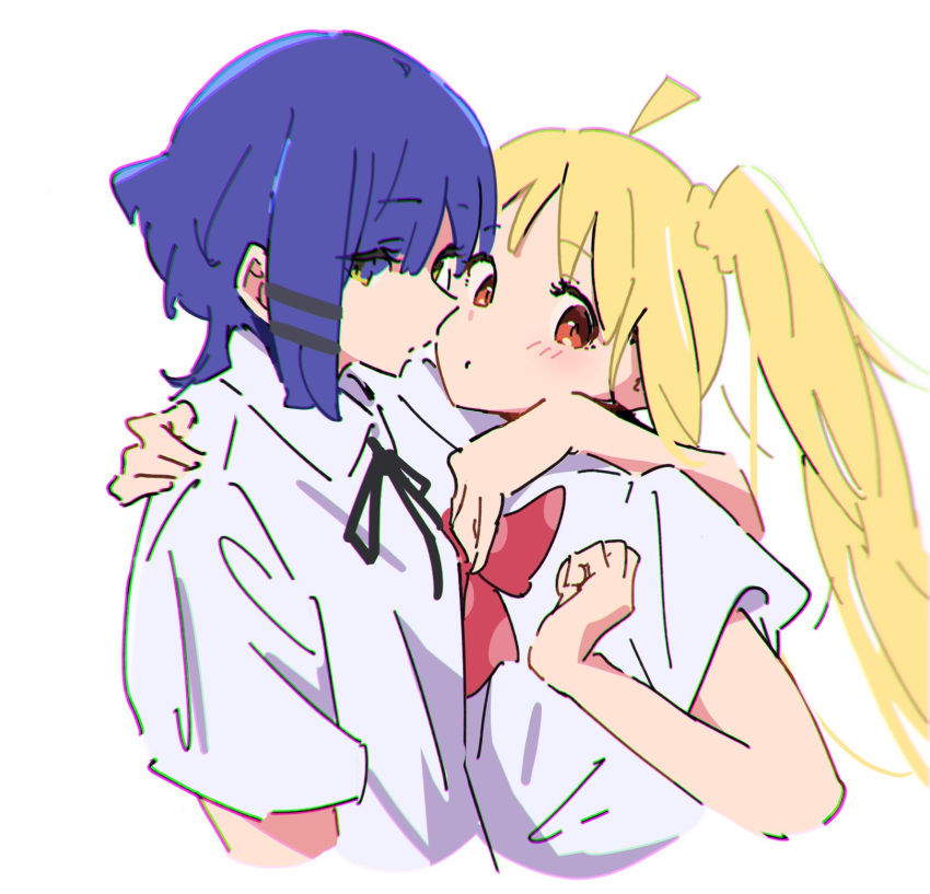 2girls ahoge asymmetrical_sidelocks atenaba black_ribbon blonde_hair blue_hair blush bocchi_the_rock! bow bowtie clenched_hand collared_shirt cropped_arms cropped_torso dot_mouth expressionless face-to-face from_side hair_ornament hair_over_eyes hairclip hand_on_another's_shoulder highres ijichi_nijika long_hair looking_at_viewer multiple_girls neck_ribbon red_bow red_bowtie red_eyes ribbon school_uniform shimokitazawa_high_school_uniform shirt short_hair short_sleeves side_ponytail white_background white_shirt yamada_ryou yellow_eyes yuri