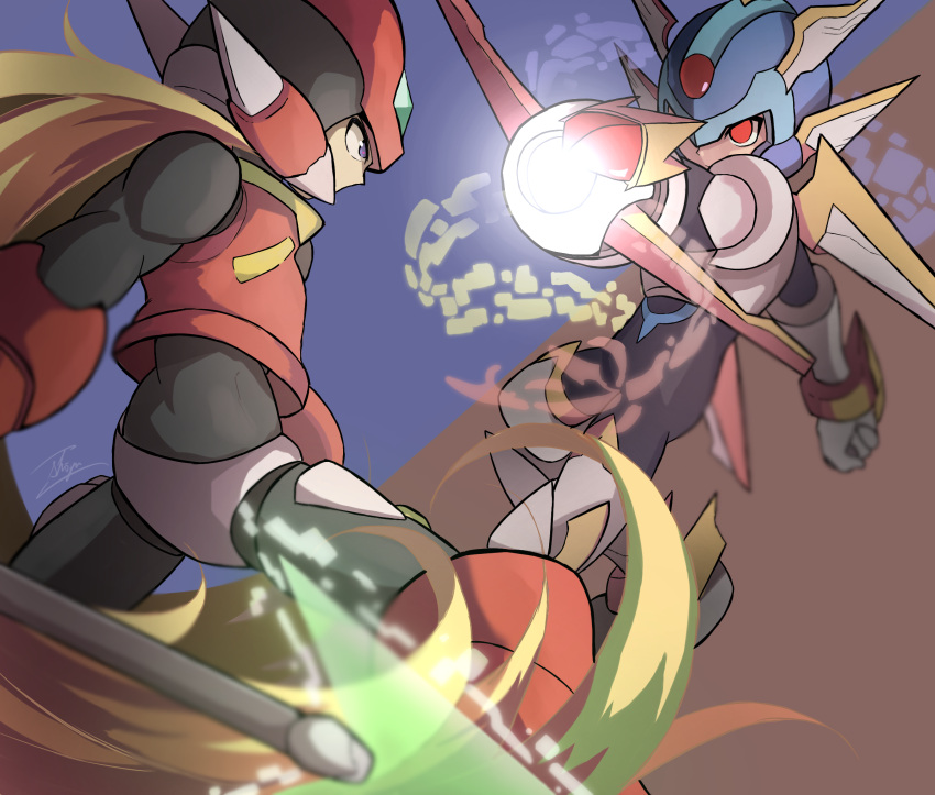 2boys arm_cannon armor attack blonde_hair bodystocking copy_x_(mega_man) fighting gauntlets gloves helmet highres looking_at_another mega_man_(series) mega_man_zero multiple_boys polearm ponytail simple_background spear weapon wings xcyt2438 zero_(mega_man)