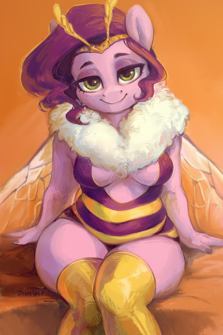 2:3 absurd_res anthro anthrofied arthropod bedroom_eyes bee breasts bumble_bee_(species) cleavage clothed clothing equid equine green_eyes hasbro hi_res hybrid hymenopteran insect insect_wings jewellier_(artist) legwear looking_at_viewer mammal mlp_g5 my_little_pony narrowed_eyes pipp_petals_(mlp) seductive sitting stockings thick_thighs wings