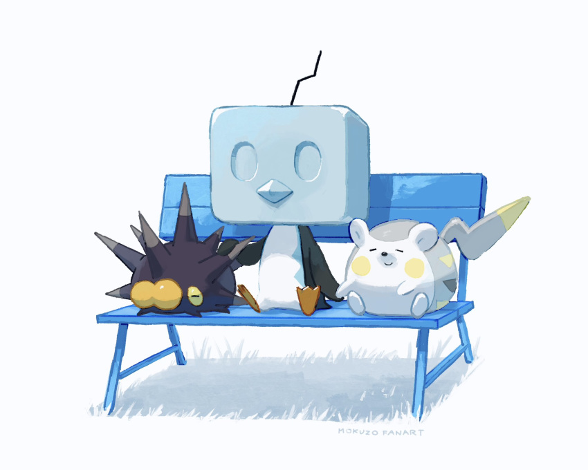 artist_name bench closed_eyes closed_mouth commentary eiscue eiscue_(ice) highres mokuzou_(moku_ssbu) no_humans pincurchin pokemon pokemon_(creature) signature sitting smile spikes symbol-only_commentary togedemaru white_background