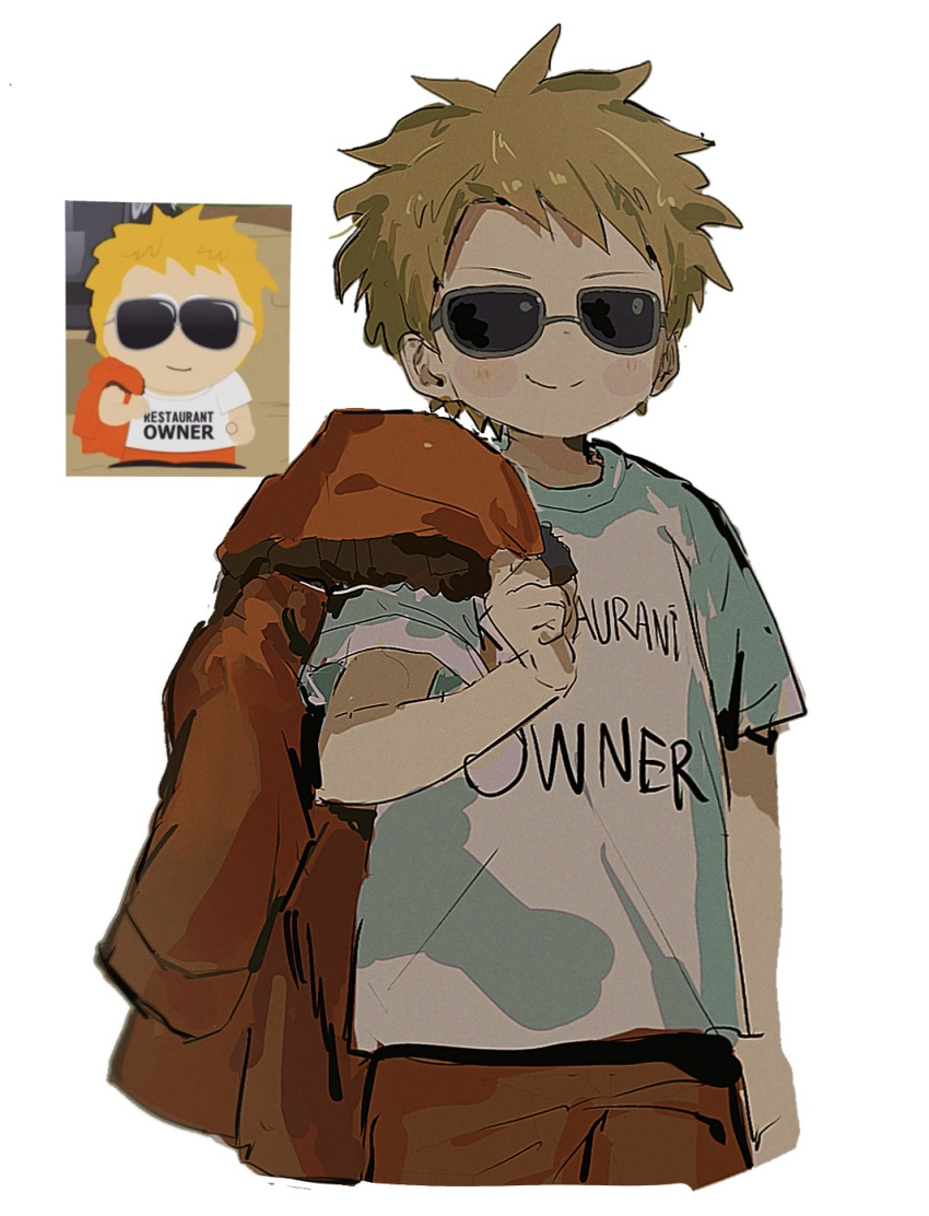 1boy animification black-framed_eyewear blonde_hair highres kenny_mccormick male_child male_focus ooomigo11 print_shirt scene_reference shirt short_sleeves smile solo south_park sunglasses white_shirt