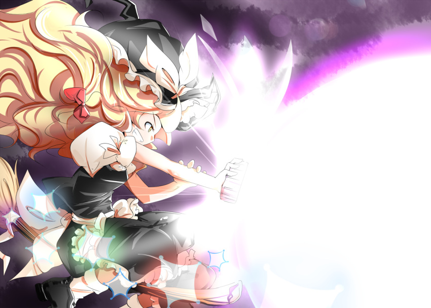 1girl apron black_footwear black_headwear black_skirt black_vest blonde_hair braid broom broom_riding commentary from_side hat kikurage_(sugi222) kirisame_marisa long_hair master_spark mini-hakkero short_sleeves side_braid single_braid skirt socks solo spell_card star_(symbol) touhou vest waist_apron white_apron white_socks witch_hat yellow_eyes