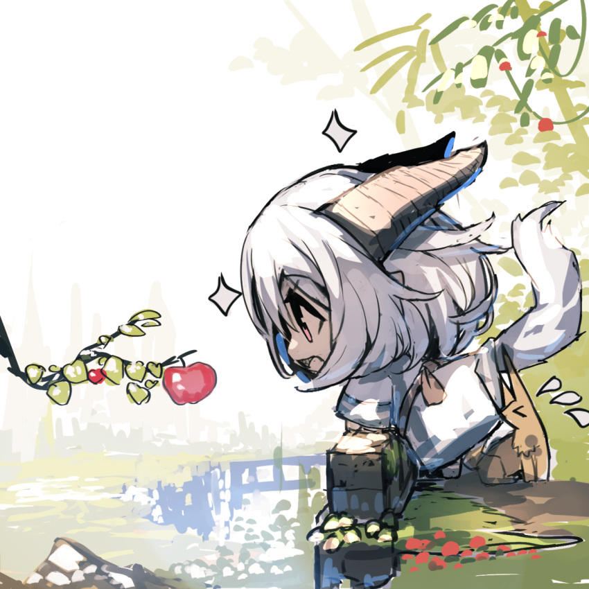 &gt;_&lt; :d animal apple closed_eyes commentary_request day dress flying_sweatdrops food fox from_side fruit highres horns japanese_clothes kimono leaning_forward long_sleeves mouth_hold outdoors profile puddle red_apple red_eyes sketch smile sparkle water white_dress white_hair white_kimono wide_sleeves yuuji_(yukimimi)