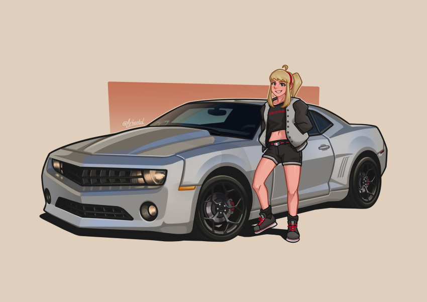 1girl absurdres arhentol artist_name black_footwear black_shorts blonde_hair boots brown_background car chevrolet chevrolet_camaro commission cowlick english_commentary green_eyes grey_jacket hair_behind_ear hairband hands_in_pockets highres jacket letterman_jacket long_hair midriff motor_vehicle muscle_car navel original ponytail red_hairband shadow shorts sidelocks smile solo vehicle_focus