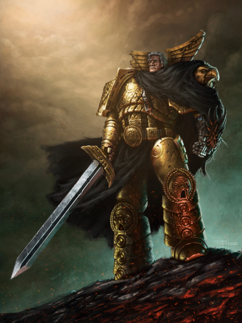 absurdres alternate_hair_length alternate_hairstyle alternate_universe armor armored_boots artist_name bird black_cape boots breastplate broken_armor bullet_hole cape cataracts closed_mouth cloud cloudy_sky commentary couter crystal cuirass damaged danielrosa eagle embers english_commentary gauntlets gold_armor greaves grey_armor grey_hair highres holding holding_sword holding_weapon imperial_fists jewelry leg_armor looking_up medium_hair necklace outdoors partially_blind pauldrons pelvic_curtain photoshop_(medium) poleyn power_armor primarch procreate_(medium) prosthesis prosthetic_hand rerebrace rogal_dorn scar scratches shoulder_armor sky standing standing_on_rock sword torn_clothes warhammer_40k weapon