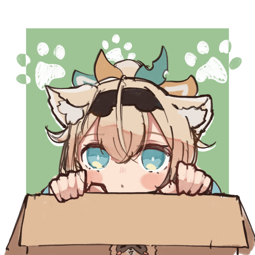 1girl absurdres animal_ear_fluff animal_ears aqua_eyes bare_shoulders black_gloves blonde_hair box cat_ears chest_sarashi chibi fingerless_gloves for_adoption gloves haori highres hololive in_box in_container japanese_clothes kazama_iroha kazama_iroha_(1st_costume) kemonomimi_mode long_hair open_mouth paw_print paw_print_background ponytail sarashi solo virtual_youtuber whcamellia00