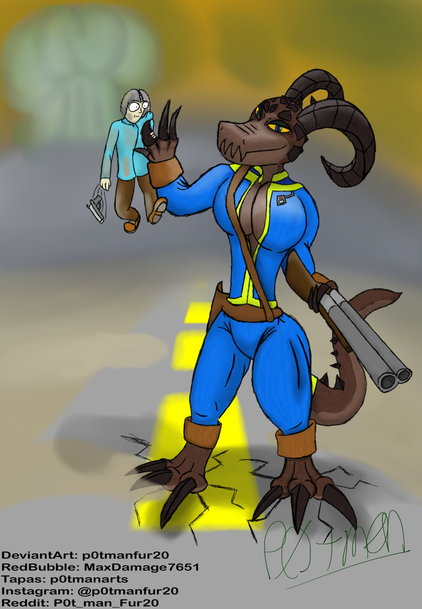 absurd_res anthro bethesda_softworks big_breasts breasts death_by_snu_snu deathclaw deathclaw_humanoid duo explosion fallout female gun held_by_shirt held_up hi_res horn human larger_anthro larger_female leather_strap looking_at_viewer male male/female mammal manfur20 muscular muscular_anthro muscular_female nuke p0t p0tmanfur20 ranged_weapon road scalie shotgun signature size_difference smaller_human smaller_male tail tall_girl taller_female talons thick_thighs vault_dwellers_(fallout) vault_suit weapon