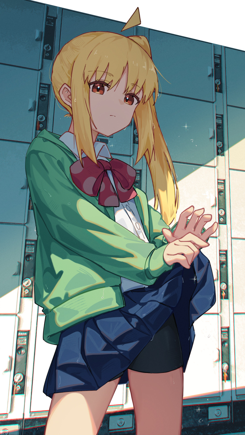 1girl absurdres ahoge bike_shorts_under_skirt black_shorts blonde_hair blue_skirt bocchi_the_rock! bow bowtie closed_mouth collared_shirt commentary detached_ahoge expressionless green_jacket highres hood hood_down hooded_jacket ijichi_nijika jacket jl_tan locker long_hair long_sleeves looking_at_viewer miniskirt open_clothes open_jacket parted_bangs pleated_skirt polka_dot_bowtie red_bow red_bowtie red_eyes shirt shorts side_ponytail sidelocks skirt skirt_hold solo sparkle symbol-only_commentary water_drop wet wet_clothes wet_hair wet_skirt white_shirt