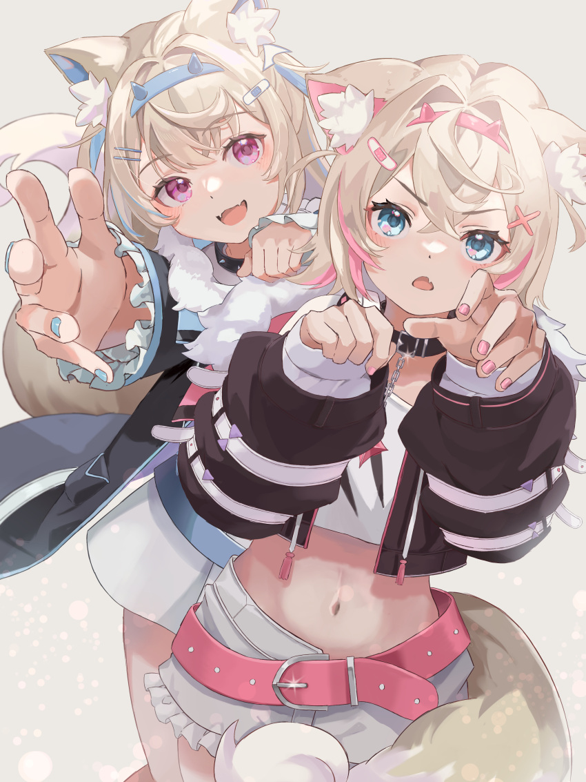 2girls absurdres animal_ear_fluff animal_ears belt belt_collar black_collar black_jacket blonde_hair blue_belt blue_eyes blue_hair blue_nails collar cropped_jacket cropped_shirt dog_ears dog_girl dog_tail fur-trimmed_jacket fur_trim fuwawa_abyssgard hair_ornament hairpin headphones headphones_around_neck highres hololive hololive_english jacket long_hair looking_at_viewer medium_hair midriff mococo_abyssgard multicolored_hair multiple_girls nail_polish navel open_mouth penta_(pepepen_28) pink_belt pink_eyes pink_hair pink_nails shirt short_shorts shorts siblings sisters spiked_collar spikes streaked_hair tail twins virtual_youtuber white_background white_shirt white_shorts x_hair_ornament