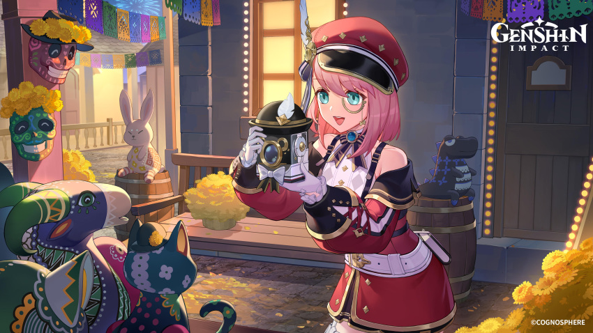 1girl :d absurdres alebrije barrel camera cat charlotte_(genshin_impact) door flower genshin_impact gloves hat highres lights mexico monocle official_art ofrenda papel_picado pink_hair ribbon short_hair skeleton smile solo window