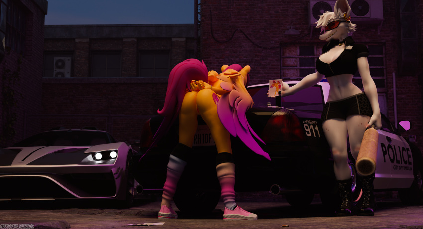anthro arrested baseball_bat bat_(object) bent_over clothing converse_shoes drugs duo equid equine female female/female friendship_is_magic hasbro hi_res horse humiliation leggings legwear mammal murid murine my_little_pony nocturnalfuzz officer_flint_(foretbwat) police pony rat rodent scootaloo_(mlp) wrists_tied