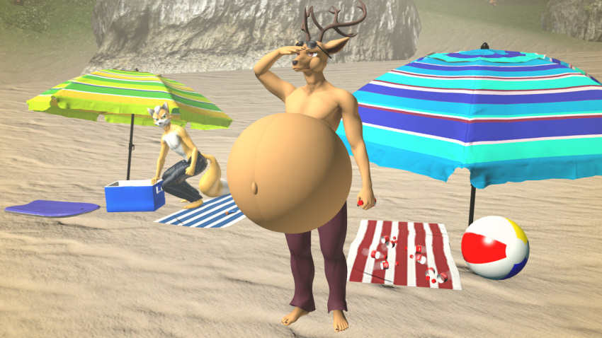 3d_(artwork) anthro ball beach beach_ball beastars belly belly_inflation beverage bloated carbonated coca-cola coke deer digital_media_(artwork) duo fernkarrythewolf fox_mccloud inflatable inflation louis_(beastars) male mammal nintendo seaside soda source_filmmaker star_fox umbrella