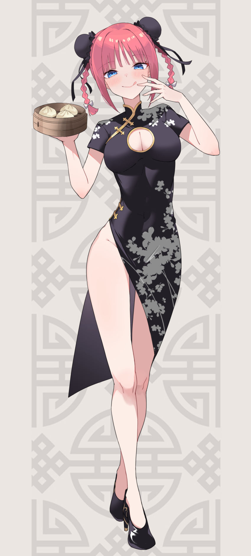 1girl :q absurdres alternate_costume alternate_hairstyle black_dress black_footwear blue_eyes blush braid breasts china_dress chinese_clothes cleavage cleavage_cutout clothing_cutout double_bun dress floral_print full_body go-toubun_no_hanayome hair_bun highres large_breasts legs looking_at_viewer nakano_nino no_panties print_dress profnote shoes short_hair solo standing thighs tongue tongue_out twin_braids