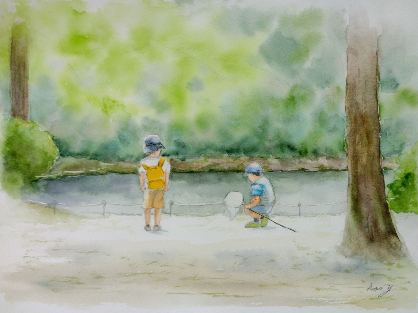 2boys butterfly_net hand_net highres holding holding_butterfly_net multiple_boys naoy_watercolor net original painting_(medium) plant pond scenery signature traditional_media tree water watercolor_(medium)