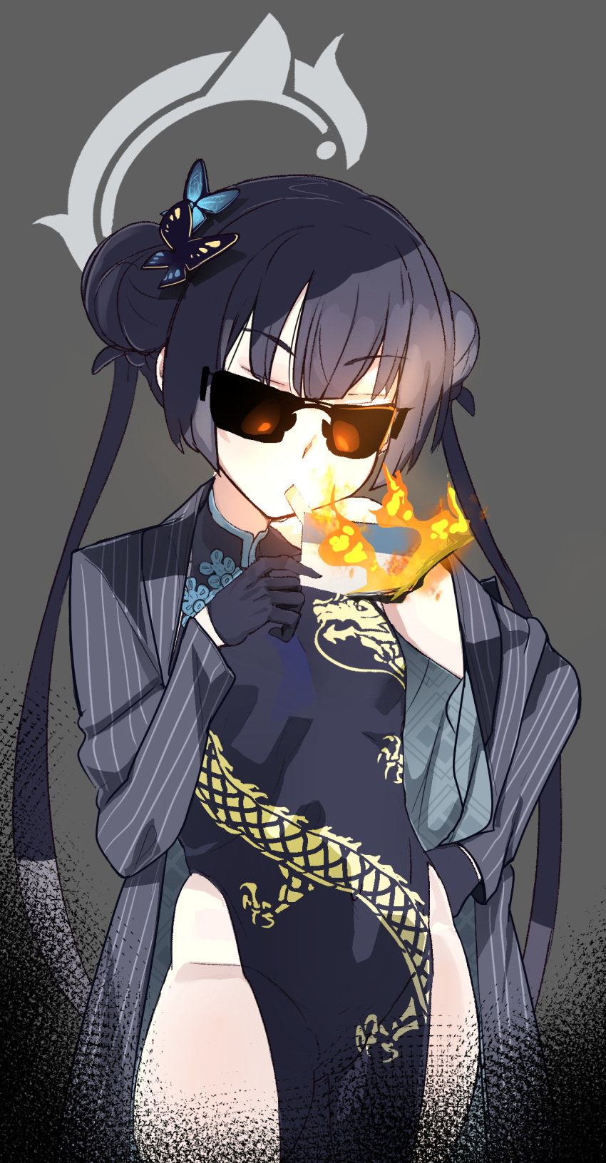 1girl absurdres bare_shoulders black_gloves black_hair blazer blue_archive breasts china_dress chinese_clothes cigar double_bun dragon_print dress fire gloves grey_hair groin hair_bun hair_ornament halo hand_on_hip highres jacket kisaki_(blue_archive) long_hair off_shoulder simple_background small_breasts solo sunglasses twintails wwwazxc