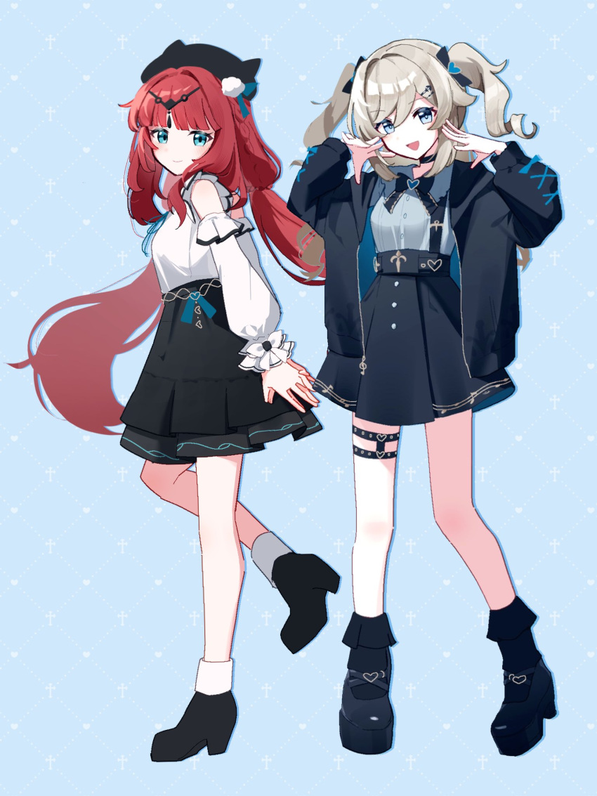 animal_ears barbara_(genshin_impact) bare_shoulders black_skirt blonde_hair blue_background blue_eyes bonnet cat_ears choker dress genshin_impact hair_ornament heart high-waist_skirt high_heels highres long_hair medium_hair nilou_(genshin_impact) open_mouth red_hair shirt simple_background skirt smile strapless strapless_dress sweater thigh_strap twintails utori_(tanakautori) white_shirt