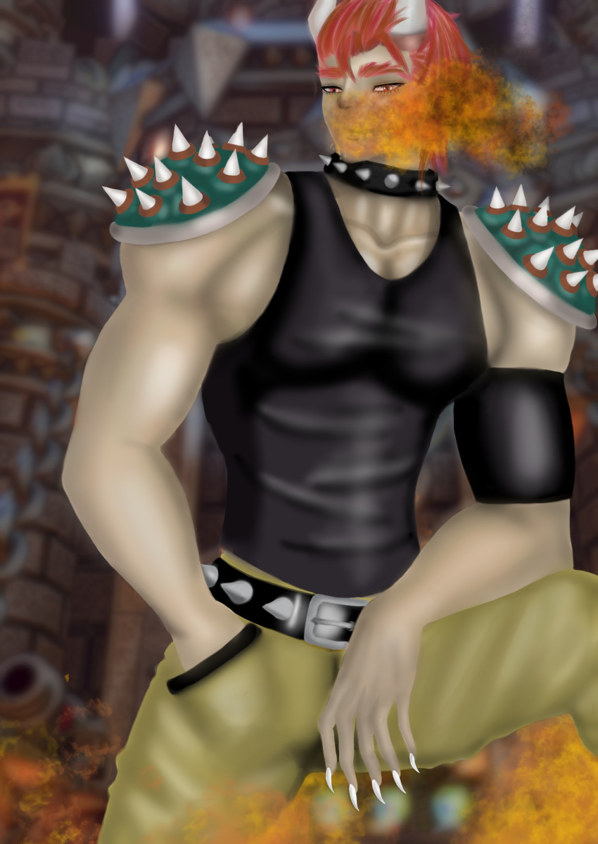 1boy bowser gijinka highres humanization larigblood muscular muscular_male non-web_source pants short_hair