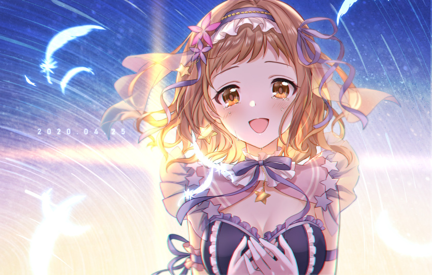 1girl arm_guards armband blush breasts brown_eyes brown_hair cleavage detached_collar earrings feathers flower gradient_background hair_flower hair_ornament hands_on_own_chest headdress highres idolmaster idolmaster_shiny_colors iku2727 jewelry long_hair looking_at_viewer medium_breasts neck_ribbon open_mouth purple_ribbon ribbon sakuragi_mano see-through see-through_sleeves smile solo star_(symbol) star_earrings star_hair_ornament tears