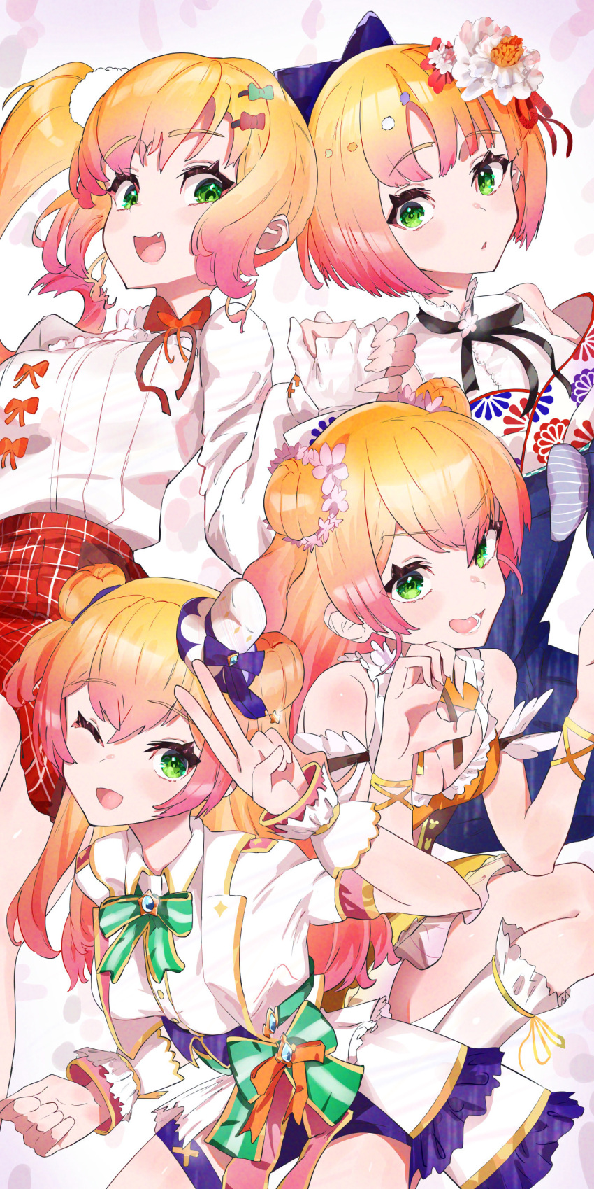 1girl :d absurdres blonde_hair bob_cut double_bun flower gloves gradient_hair green_eyes hair_bun hair_flower hair_ornament highres hololive hololive_idol_uniform hololive_idol_uniform_(bright) long_hair momosuzu_nene multicolored_hair multiple_views official_alternate_costume open_mouth pink_hair pom_pom_(clothes) pom_pom_hair_ornament puffy_short_sleeves puffy_sleeves red_skirt rokka_(rokka_013a) shirt short_hair short_sleeves side_ponytail skirt smile two_side_up virtual_youtuber white_gloves white_shirt