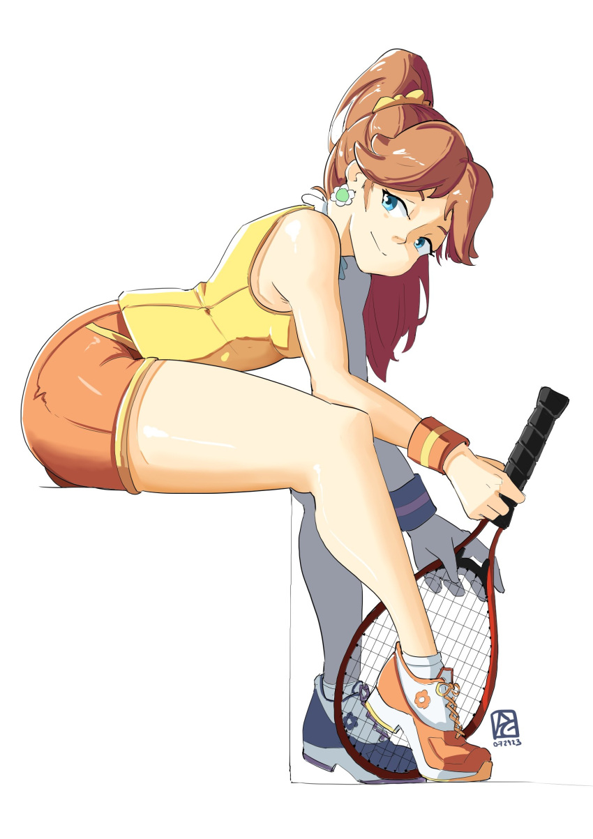 1girl arched_back automatic_giraffe bag brown_hair collared_shirt dolphin_shorts earrings english_commentary flipped_hair flower_earrings from_side full_body highres jewelry looking_at_viewer looking_to_the_side mario_(series) mario_tennis medium_hair official_alternate_costume orange_footwear orange_shorts parted_bangs ponytail princess_daisy racket shirt shoes short_hair short_shorts shorts shoulder_bag signature sitting sleeveless sleeveless_shirt smile sneakers socks solo tennis_daisy tennis_racket thighs white_background white_socks yellow_shirt