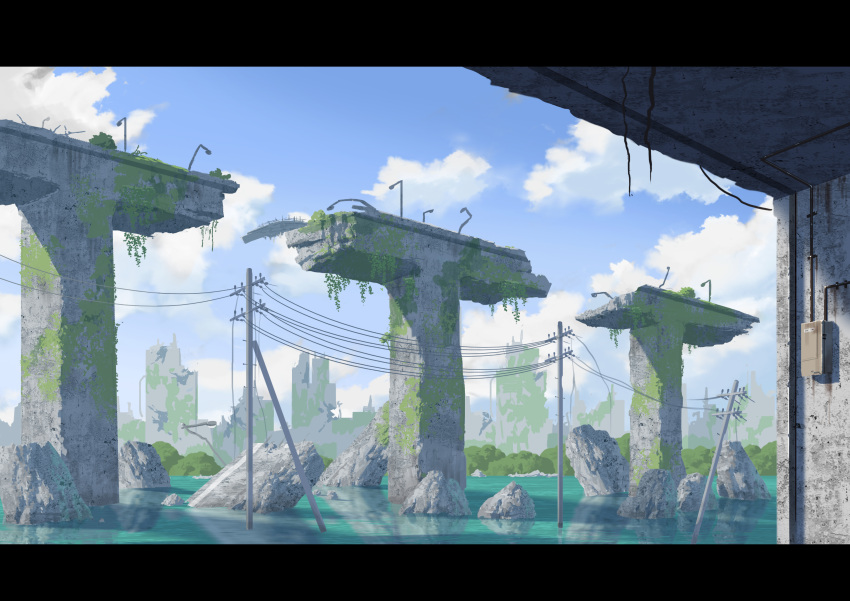 abandoned absurdres blue_sky building cloud day highres moss no_humans original outdoors overgrown post-apocalypse power_lines scenery sky sumassha_t_t utility_pole water
