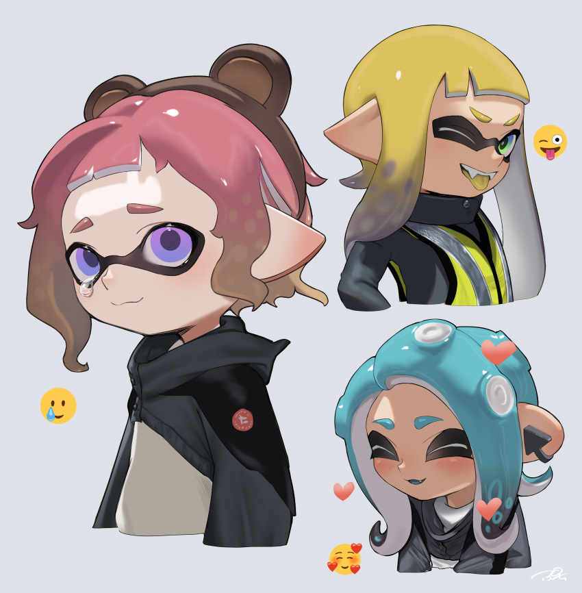 1boy 2girls absurdres black_sweater blonde_hair blue_hair blush brown_headband closed_eyes emoji fang green_eyes headband heart highres inkling inkling_boy inkling_girl multiple_girls octoling octoling_girl one_eye_closed open_mouth pointy_ears puchiman purple_eyes red_hair short_hair signature simple_background splatoon_(series) sweater tears teeth tongue tongue_out two-tone_sweater upper_teeth_only white_background white_sweater