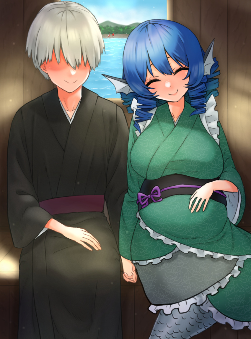 1boy 3girls black_kimono blue_hair blush breasts closed_eyes closed_mouth collarbone commentary_request drill_hair drill_sidelocks fins frilled_kimono frills grass_root_youkai_network green_kimono grey_hair head_fins highres imaizumi_kagerou japanese_clothes ke-su kimono large_breasts mermaid monster_girl multiple_girls pregnant sekibanki sidelocks smile touhou wakasagihime water