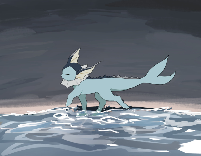 =_= animal_focus cloud cloudy_sky commentary day english_commentary from_side full_body grey_sky highres mixed-language_commentary no_humans outdoors pawpads pokemon pokemon_(creature) profile sky solo standing standing_on_liquid takashi_(pixiv_80298118) vaporeon walking water