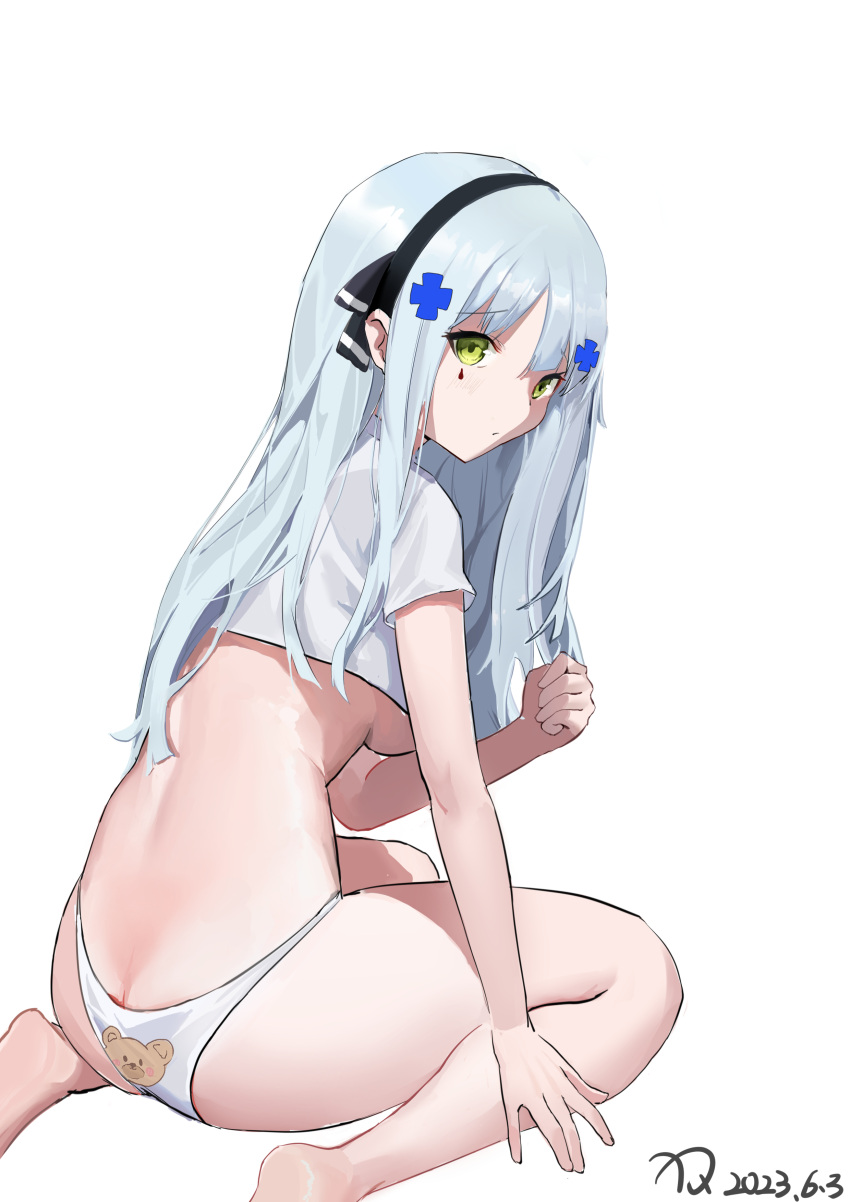1girl absurdres arm_support black_hairband blue_hair blush breasts butt_crack chinese_commentary closed_mouth commentary crop_top cropped_shirt cross_hair_ornament dated feet_out_of_frame girls'_frontline green_eyes hair_between_eyes hair_ornament hairband highres hk416_(girls'_frontline) long_hair looking_at_viewer looking_back panties shadow shirt short_sleeves sidelocks signature simple_background sitting soles solo thighs underboob underwear wariza white_background white_panties white_shirt xiqinhaohaochi