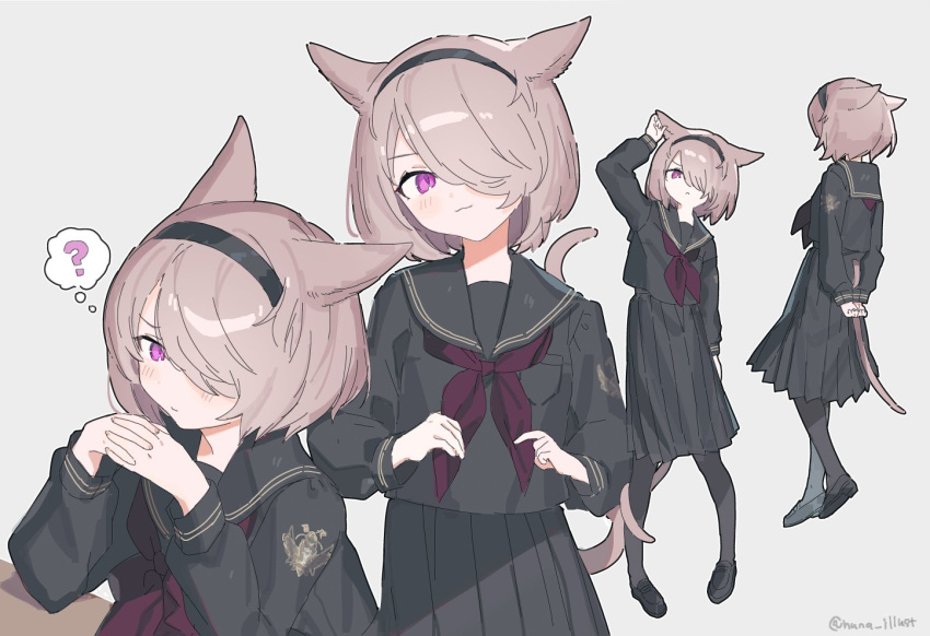 1girl :&lt; animal_ears avatar_(ff14) black_footwear black_hairband black_pantyhose black_sailor_collar black_serafuku black_shirt black_skirt cat_ears cat_girl cat_tail final_fantasy final_fantasy_xiv funa_(sakana) hair_over_one_eye hairband interlocked_fingers light_brown_hair long_sleeves miqo'te own_hands_clasped own_hands_together pantyhose pleated_skirt purple_eyes sailor_collar school_uniform serafuku shirt short_hair skirt smile tail twitter_username