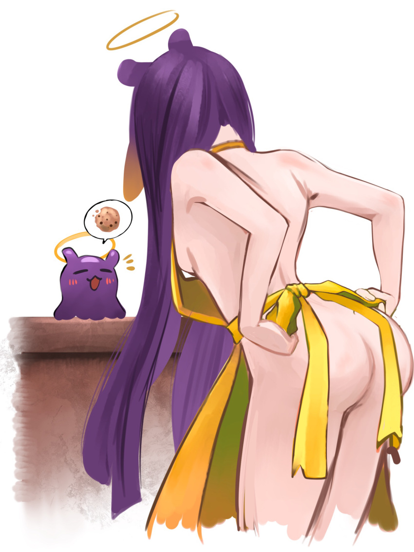 1girl 1other apron ass back breasts cookie creature english_commentary facing_another food from_behind halo highres hololive hololive_english leaning_forward long_hair naked_apron ninomae_ina'nis nude purple_hair sideboob sketch solo speech_bubble spoken_food takodachi_(ninomae_ina'nis) very_long_hair virtual_youtuber white_background yellow_apron zer0i7