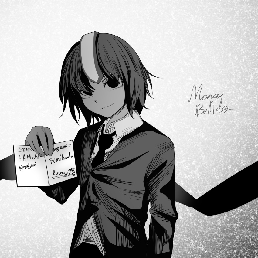 1other androgynous closed_mouth collared_shirt commentary_request ganadara_ddo greyscale highres holding jacket kokutenshi_hibaru korean_commentary len'en looking_at_viewer monochrome necktie shirt short_hair signature solo upper_body wings
