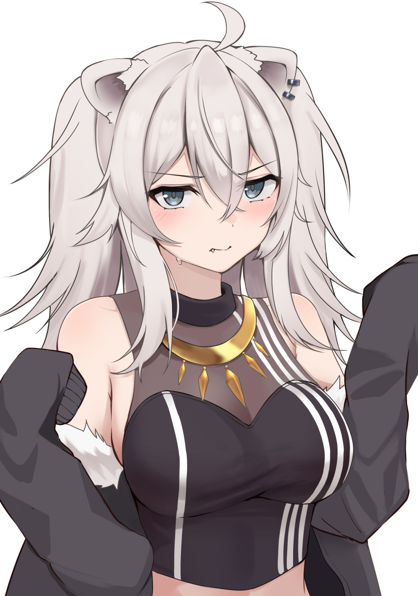 absurdres animal_ears blush breasts ear_piercing fang fur-trimmed_jacket fur_trim grey_eyes grey_hair hair_between_eyes highres hololive jacket large_breasts lion_ears lion_girl long_hair long_sleeves looking_at_viewer micon piercing shishiro_botan sleeves_past_fingers sleeves_past_wrists solo virtual_youtuber white_background