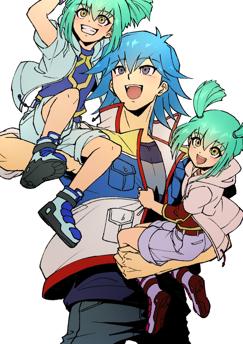 1girl 2boys absurdres arm_up blue_footwear blue_hair blue_jacket blue_shirt blue_shorts bruno_(yu-gi-oh!) carrying carrying_person child clothes_grab denim green_hair grin happy high_collar high_ponytail highres hood hooded_jacket jacket jeans layered_sleeves long_sleeves looking_up lua_(yu-gi-oh!) luca_(yu-gi-oh!) male_focus multiple_boys open_clothes open_jacket open_mouth pants pink_jacket ponytail purple_eyes purple_footwear purple_shorts red_footwear red_shirt shirt shoes short_hair short_ponytail short_sleeves short_twintails shorts simple_background sitting sleeves_rolled_up smile standing twintails white_background white_jacket wristband yellow_eyes youko-shima yu-gi-oh! yu-gi-oh!_5d's