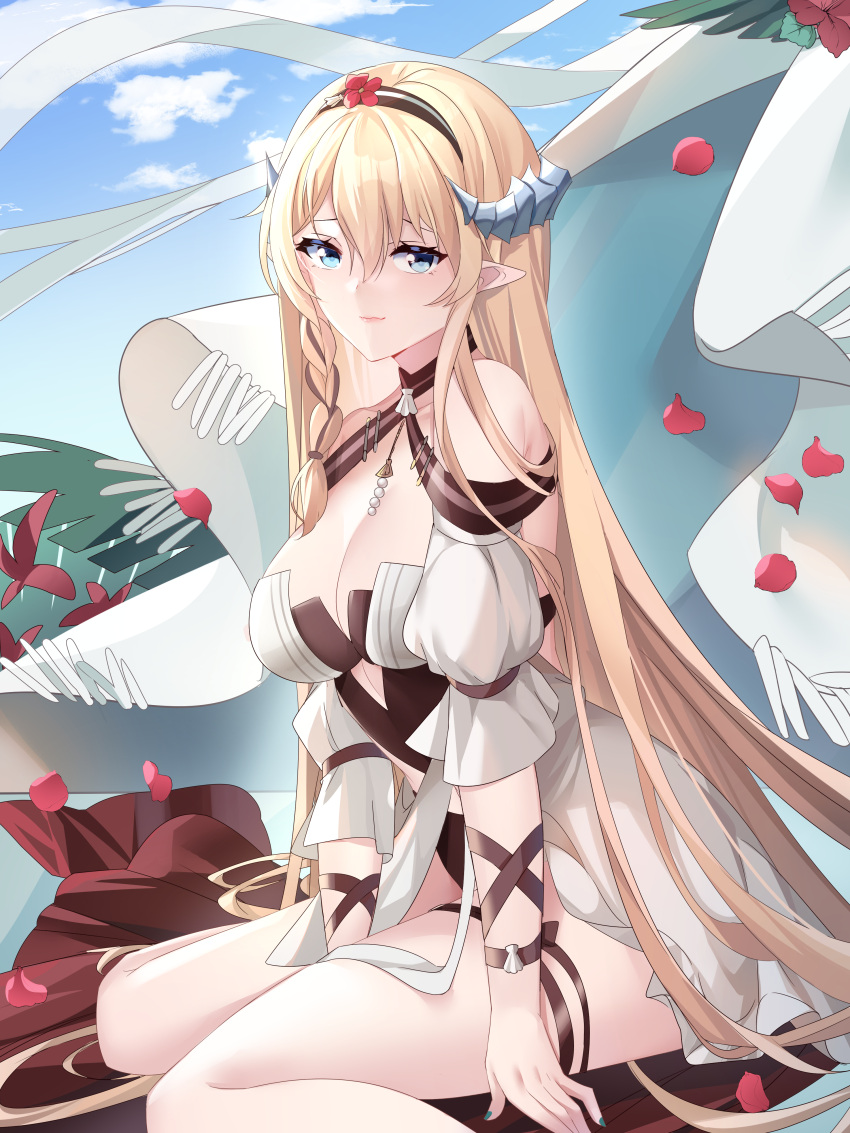 1girl absurdres arknights bare_shoulders black_hairband blonde_hair blue_eyes blue_sky breasts cleavage cloud commentary_request day hairband highres horns large_breasts lingshalan long_hair looking_at_viewer one-piece_swimsuit petals pointy_ears rose_petals saileach_(arknights) saileach_(summer_flowers)_(arknights) sitting sky smile solo swimsuit thighs very_long_hair wariza