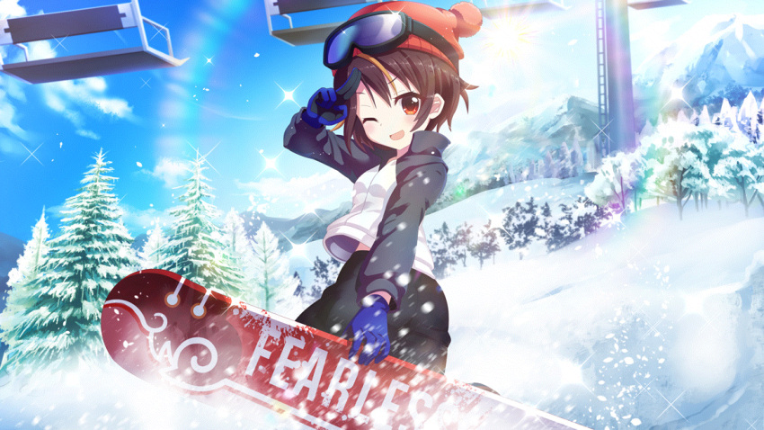 1girl ass bandou_mikuru beanie black_jacket black_pants blonde_hair blue_gloves blue_sky breasts brown_hair day dot_nose film_grain game_cg gloves goggles goggles_on_headwear hat izumi_tsubasu jacket ladder midriff_peek mountain multicolored_clothes multicolored_hair multicolored_jacket non-web_source official_art one_eye_closed open_mouth outdoors pants pole rainbow re:stage! red_eyes red_headwear salute short_hair ski_lift sky small_breasts smile snowboard snowboarding solo sparkle streaked_hair sun tree two-finger_salute two-tone_hair two-tone_jacket white_jacket winter