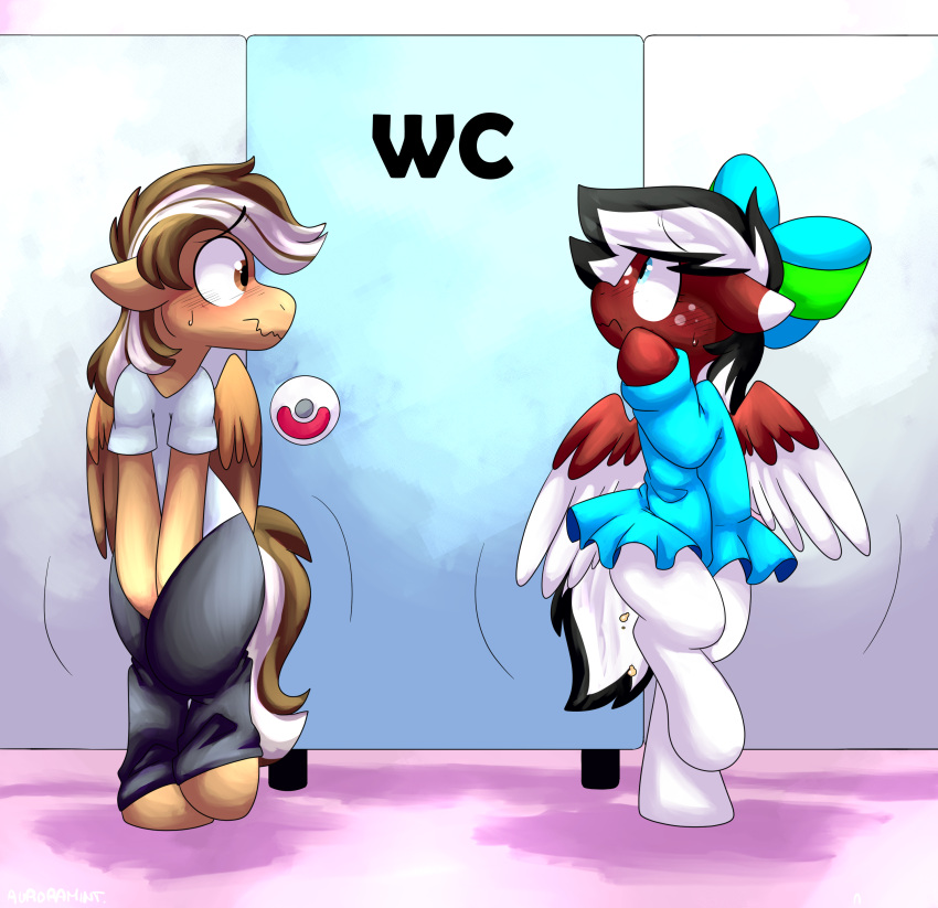 absurd_res accessory amber_eyes auroramint bathroom black_hair blue_eyes blush bodily_fluids bottomwear bow_ribbon brown_body brown_feathers brown_fur brown_hair brown_mane clothed clothing crossdressing crossed_legs dappled_fur dress duo equid equine fan_character feathered_wings feathers feral friendship_is_magic fur genital_fluids girly hair hair_accessory hair_bow hair_ribbon hasbro head_turned hi_res holding_crotch hooves horse knock-kneed legwear locked looking_at_door male male_(lore) mammal mane multicolored_hair my_little_pony omorashi on_hind_legs on_one_leg pants peeing pegasus pony potty_dance public_restroom ribbons scrunchy_face shirt standing stockings sweat t-shirt tan_body tan_feathers tan_fur topwear two_tone_hair two_tone_tail urine urine_drip waiting white_body white_feathers white_hair white_mane wings worried