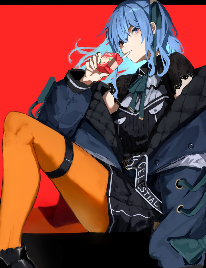 1girl apple_juice black_skirt blue_eyes blue_hair commentary crow_(krouw) drinking drinking_straw hair_between_eyes highres hololive hoshimachi_suisei hoshimachi_suisei_(3rd_costume) jacket juice_box long_hair long_sleeves medium_hair off_shoulder official_alternate_costume orange_pantyhose pantyhose red_background side_ponytail simple_background skirt solo virtual_youtuber