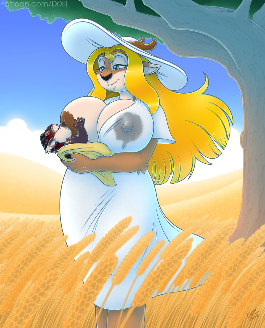 absurd_res anthro antlers big_breasts blonde_hair blue_eyes bodily_fluids breastfeeding breasts capreoline cleavage clothed clothing deer digital_media_(artwork) dress drxii female florence_(drxii) hair hat headgear headwear hi_res horn hybrid lactating mammal milk nipple_outline outside reindeer smile wet wet_clothing