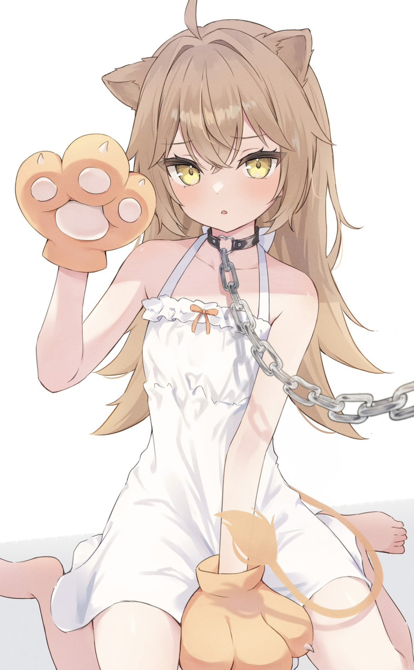 1girl ahoge animal_ears animal_hands bare_shoulders barefoot brown_hair chain choker collarbone crossed_bangs dot_nose dress frilled_dress frills gloves hair_between_eyes heart_o-ring highres indie_virtual_youtuber light_blush lion_ears lion_girl lion_tail long_hair looking_at_viewer nekomogu_(ch0_s2) o-ring o-ring_choker parted_lips paw_gloves rurudo_lion rurudo_lion_(1st_costume) simple_background sitting sleeveless sleeveless_dress solo sundress tail toes virtual_youtuber wariza white_background white_dress yellow_eyes