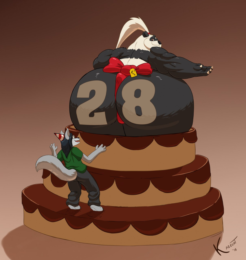 2018 anthro asian_clothing bear big_butt birthday_cake black_and_white_body black_and_white_fur butt cake canid canine canis clothing dessert digital_media_(artwork) duo east_asian_clothing food fur giant_panda hair hi_res huge_butt japanese_clothing kazecat keda_(anime-wolf-08) larger_male makuyama_(kazecat) male mammal mawashi mostly_nude obese obese_anthro obese_male overweight overweight_anthro overweight_male simple_background sitting size_difference smaller_male thick_thighs wolf writing_on_butt