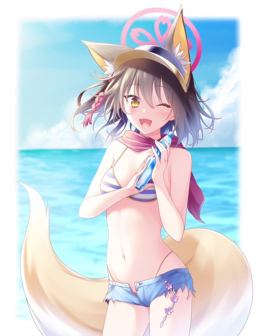 1girl ;d absurdres animal_ear_fluff animal_ears bangs bikini black_hair blue_archive blue_sky blurry bottle breasts cleavage cloud cloudy_sky commentary_request denim denim_shorts depth_of_field eyeshadow fox_ears fox_girl fox_tail hair_between_eyes hair_ornament halo highres holding holding_bottle horizon izuna_(blue_archive) izuna_(swimsuit)_(blue_archive) looking_at_viewer makeup medium_hair midorino_eni navel ninja ocean official_alternate_costume one_eye_closed one_side_up ramune red_scarf rope scarf short_shorts shorts sidelocks sky sleeveless smile solo stomach striped striped_bikini swimsuit tail visor_cap yellow_eyes