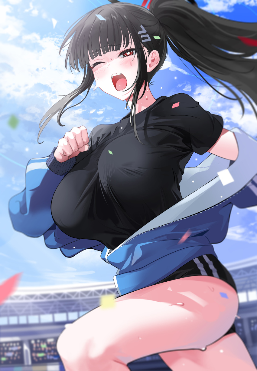 1girl absurdres alternate_costume black_hair black_shirt blue_archive blunt_bangs blush breasts buruma confetti gym_uniform hair_ornament hairclip halo highres jacket large_breasts long_hair one_eye_closed open_mouth outdoors partially_unzipped ponytail red_eyes rio_(blue_archive) running shirt short_sleeves solo sports_festival sweat track_jacket very_long_hair yuki_(asayuki101)